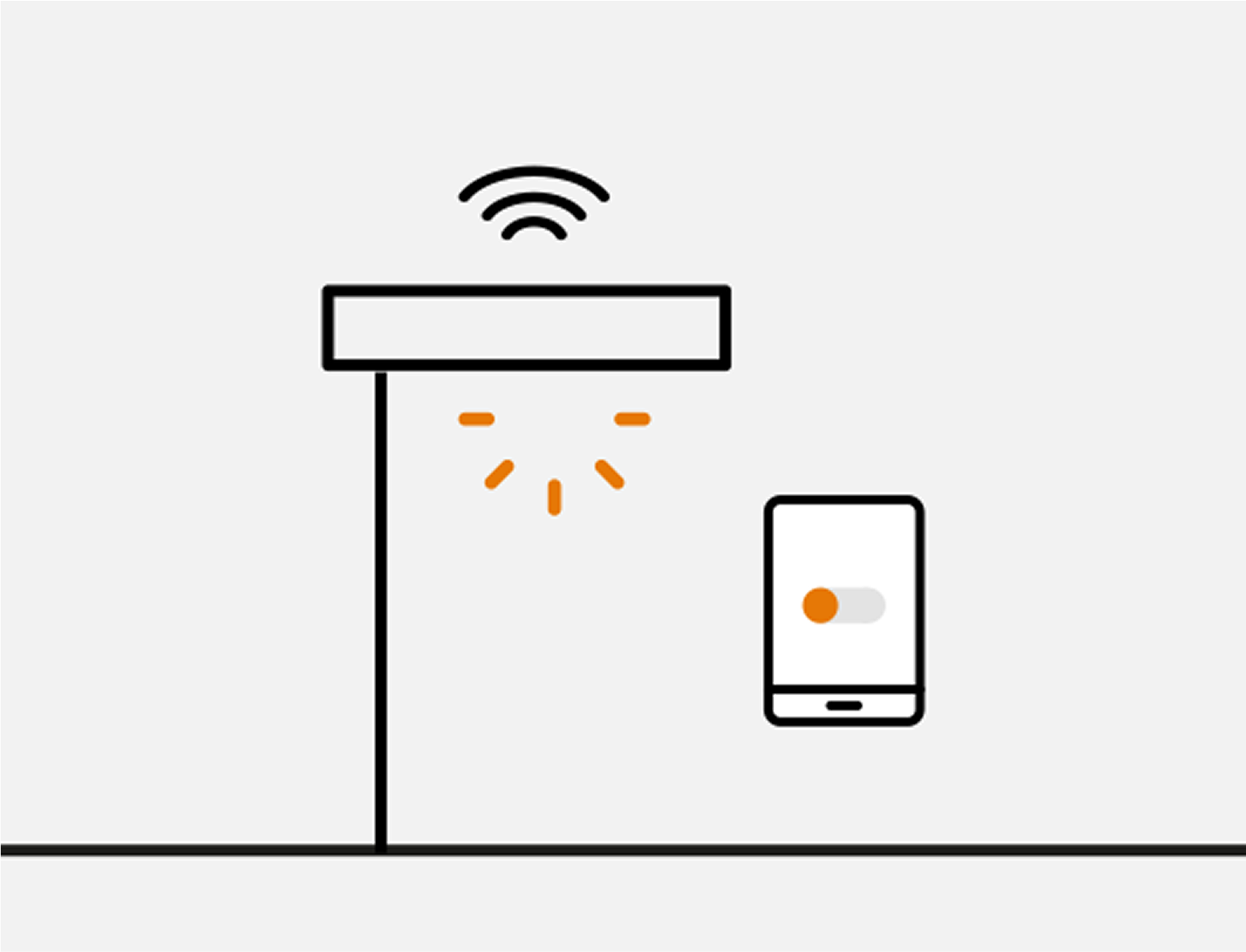 Icon mit einer Straßenleuchte, aus deren Leuchtenkopf Lichtstrahlen ausgehen, sowie einem Toggle – symbolisiert die Nutzerinteraktion und Steuerung des Eco Step Dim® Motion Systems über mitgelieferten Dongle oder Apps zur Konfiguration und Anpassung vor Ort.